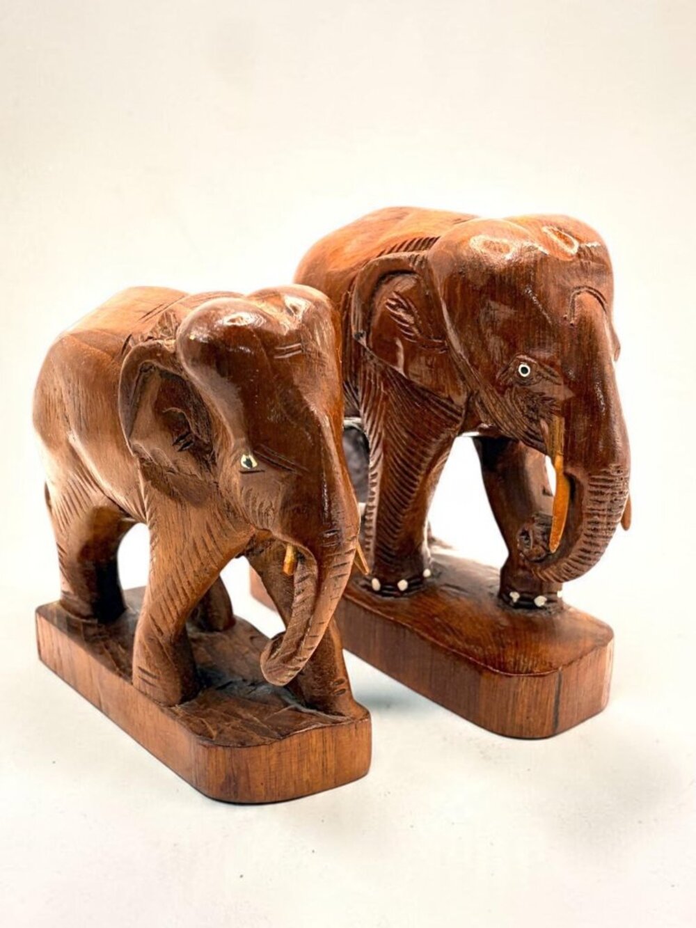 Vintage Carved Wooden Elephant Figurines Pair Brown Wood Safari Folk Art 5.5"